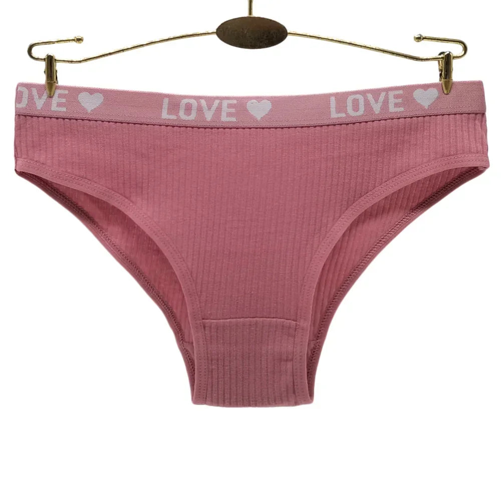 6PCS Women’s LOVE Ribbed Cotton Panties - Comfortable Low Waist Brief Underwear Set for Everyday Wear