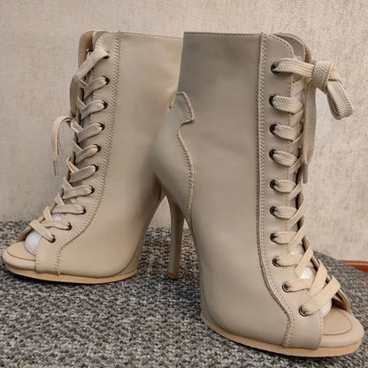 Women’s Genuine Leather Dance Boots - European Style Open Toe Thin High Heel Jazz Dance Shoes