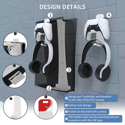 Steel Wall Mount Bracket for PS5 Slim – Stable Metal Wall Stand with Controller & Headphone Holder P5227