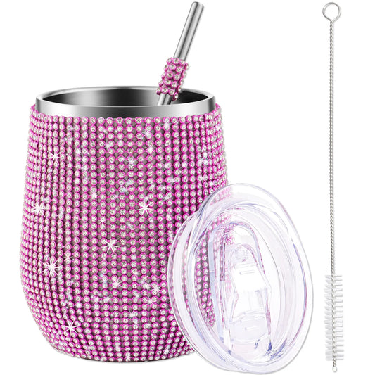 12oz Diamond Wine Tumbler with Sealed Lid - Vacuum Thermo Beer Mug, Stainless Steel Champagne Cup - Perfect for Parties and Bridesmaid Gifts
