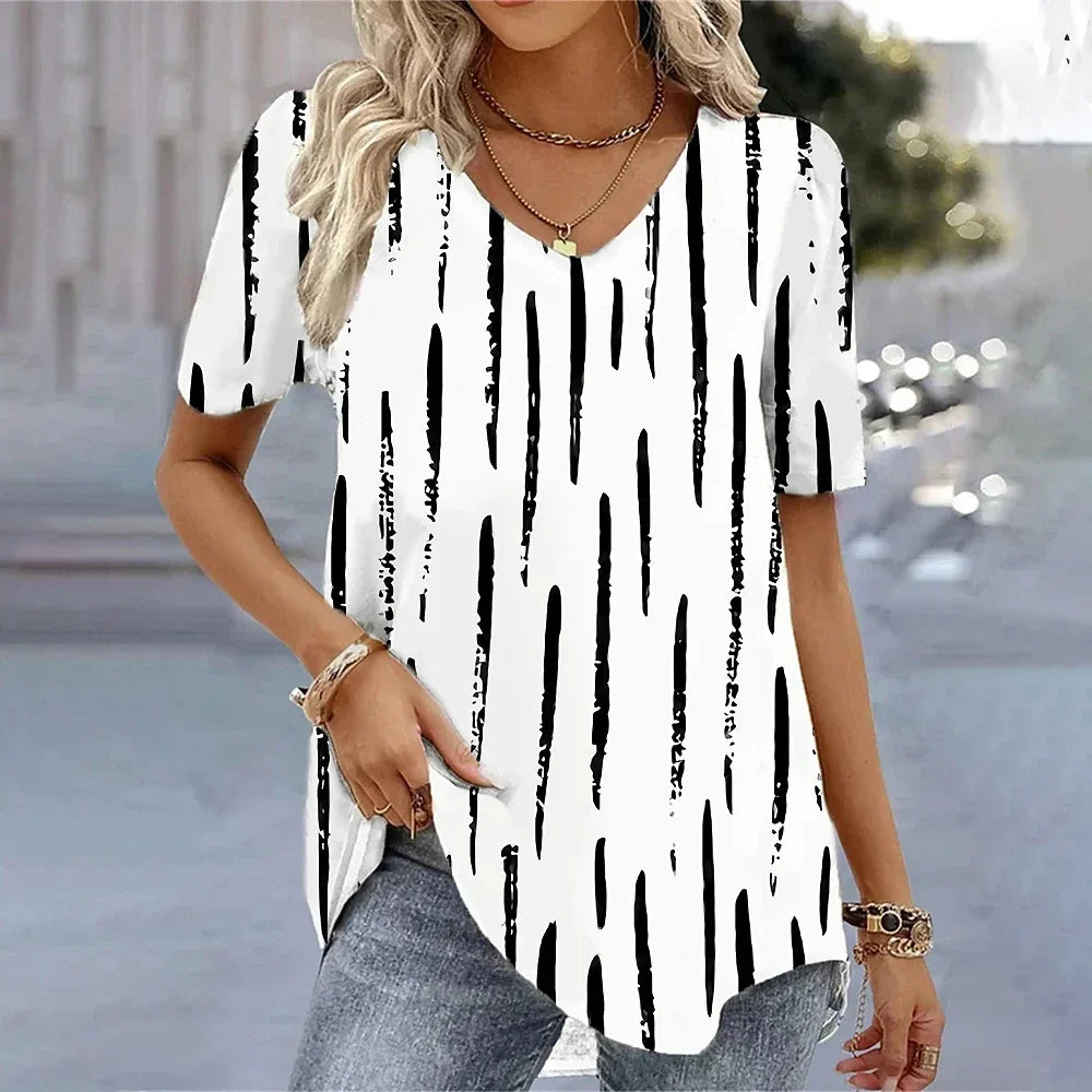 Women's 3D Flower Print V-Neck T-Shirt - Oversized Kawaii Summer Casual Blouse Top Fashion Clothing