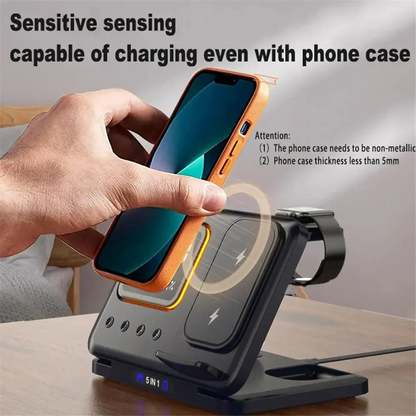 5-in-1 Foldable Wireless Charger Station - LED Digital Alarm Clock Fast Charging Dock for iPhone 15/14 & iWatch 8