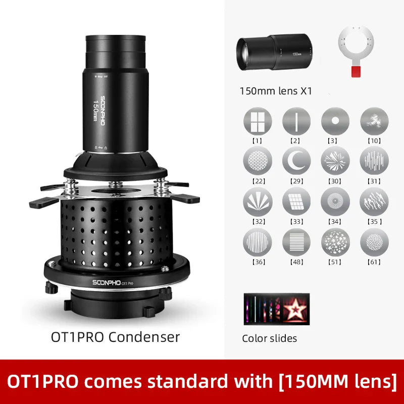 Soonpho OT1 PRO Bowens Mount Optical Snoot – 50mm/85mm/150mm Lenses for Graphic Art Effects, Godox Lighting Flash