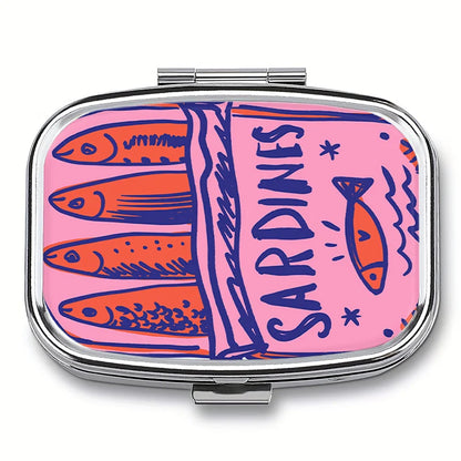Cute Sardines Metal Pill Case - Portable 2-Compartment Mini Medicine Organizer for Pocket & Purse