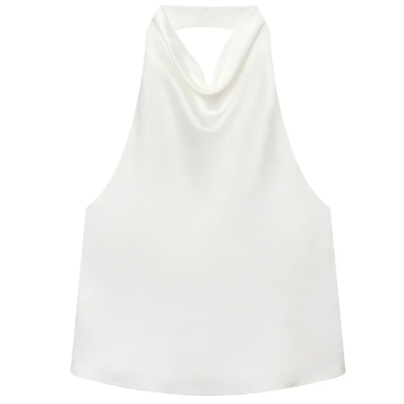 HXAO Women’s Satin Halter Top – Summer 2025 Black & Yellow Crop Tank, Off-Shoulder Sleeveless Backless Vest