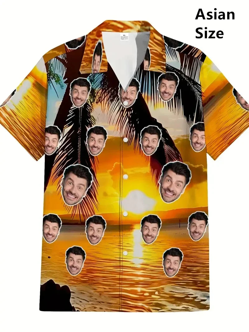 Men’s Custom Face Print Hawaiian Shirt - 3D Beer Design Vintage Y2K Short Sleeve Beach Top