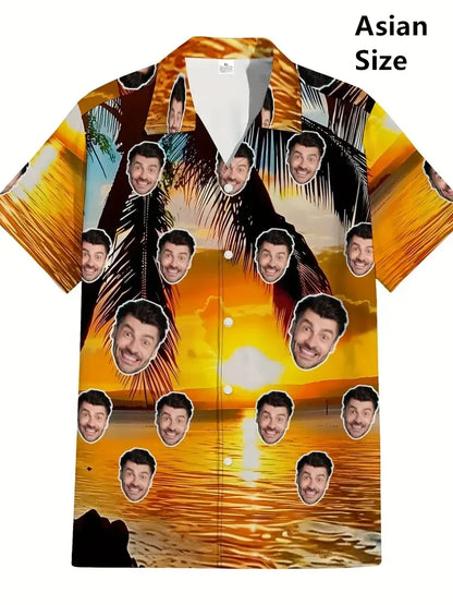 Men’s Custom Face Print Hawaiian Shirt - 3D Beer Design Vintage Y2K Short Sleeve Beach Top