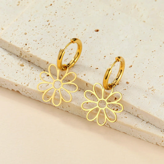 Nine Petal Flower Hoop Earrings - Stainless Steel Bohemian Hollow Pendant Jewelry Gift for Women