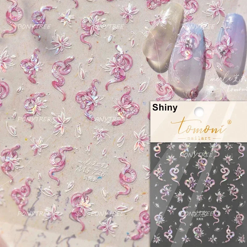 5D Gold Stamped Nail Art Stickers - Silver Sun Stars Snake Chinese Style Self-Adhesive Manicure Decals