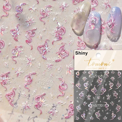 5D Gold Stamped Nail Art Stickers - Silver Sun Stars Snake Chinese Style Self-Adhesive Manicure Decals