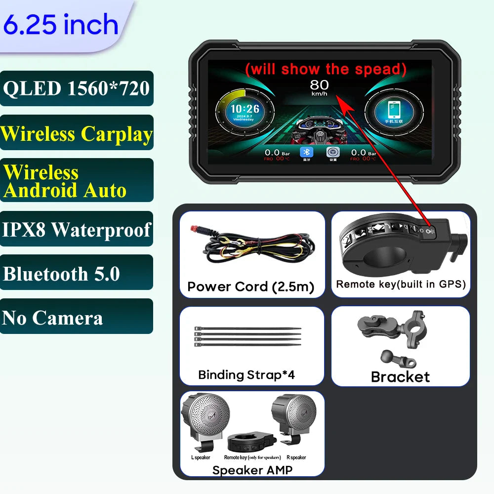 6.25-Inch Motorcycle GPS Navigation Screen with Wireless CarPlay & Android Auto – 1560x720 Resolution, Motor DVR Monitor, TPMS Optional