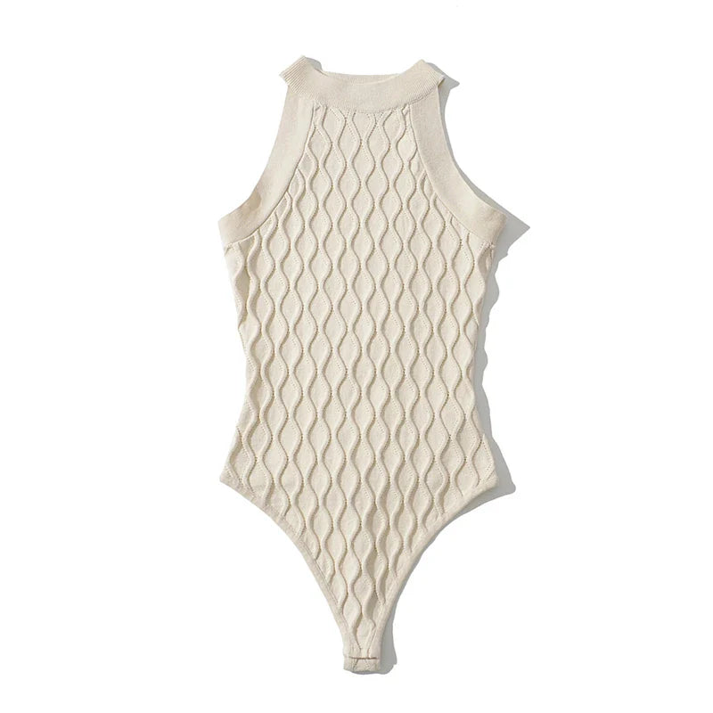 LUNDUNSHIJIA 2022 Spring Women’s Sleeveless Knitted Bodysuit – 3D Hollow Out Jumpsuit Top, 5 Fashion Colors