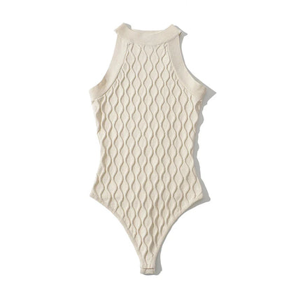 LUNDUNSHIJIA 2022 Spring Women’s Sleeveless Knitted Bodysuit – 3D Hollow Out Jumpsuit Top, 5 Fashion Colors