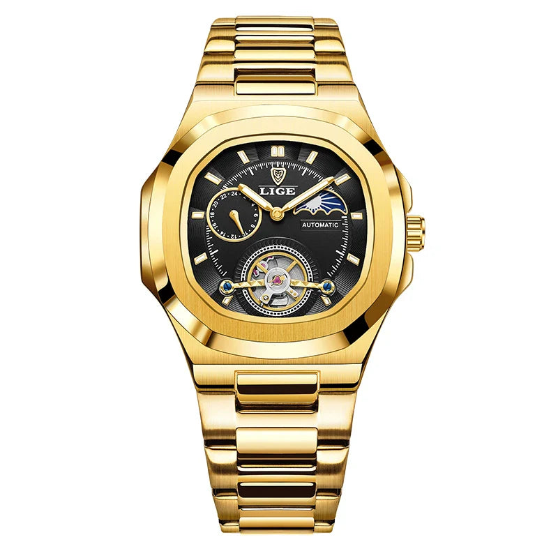 LIGE Dual Seconds Tourbillon Watch – Men's Stainless Steel Mechanical Timepiece, 24H, Night Glow, Waterproof