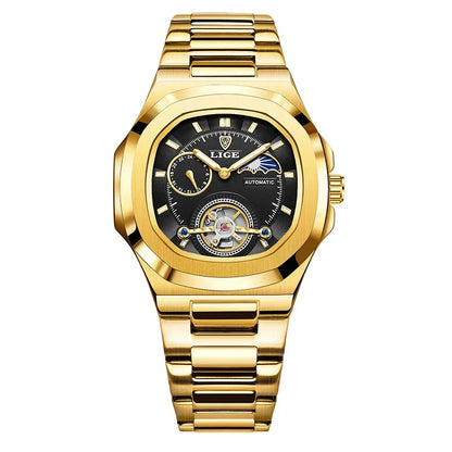 LIGE Dual Seconds Tourbillon Watch – Men's Stainless Steel Mechanical Timepiece, 24H, Night Glow, Waterproof
