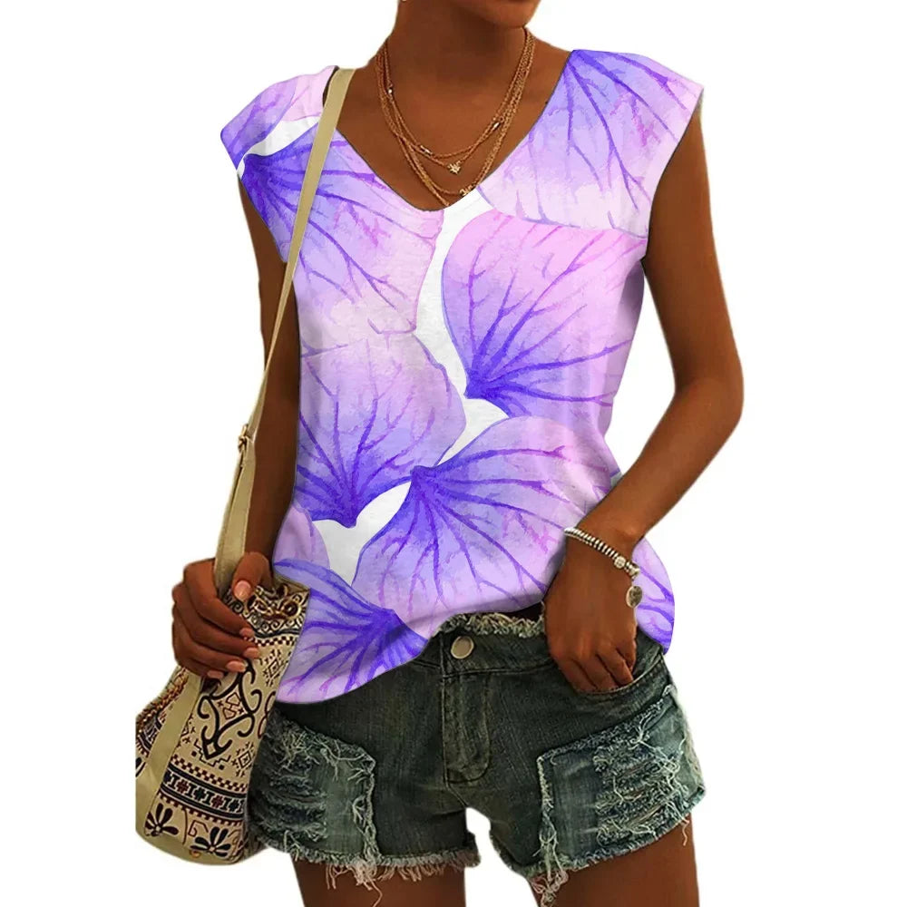 Women’s Floral Print T-Shirt - V Neck Cap Sleeve Loose Fit Summer Beach Top with Breathable Casual Style