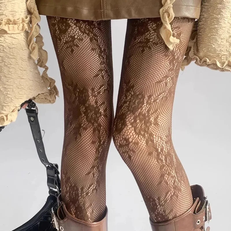 Women's Floral Lace Mesh Pantyhose - Harajuku Hollow Out Tights with Rattan Pattern Fashion Hosiery