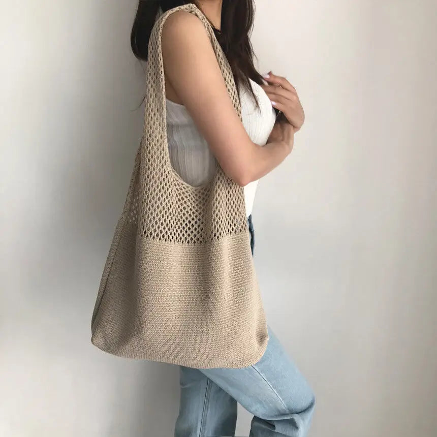 Women’s Crochet Tote Handbag - Retro Knitted Hollow Top Handle Shopper Bag in Solid Colors