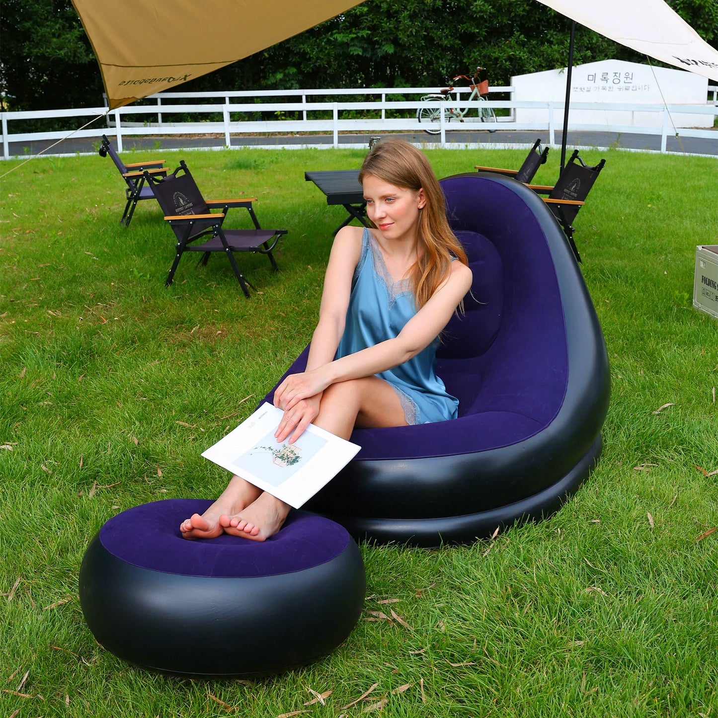 Inflatable Folding Lounge Chair Set - Portable Lazy Sofa Recliner Bed & Outdoor Footstool