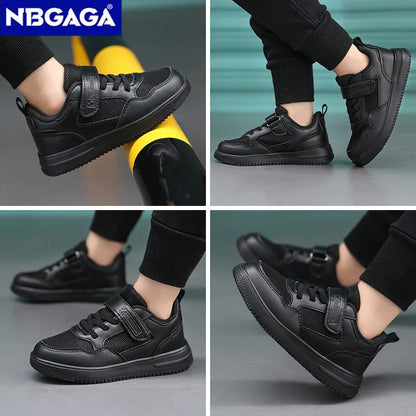 Kids' Black Leather Sneakers – Non-Slip Casual Walking & Tennis Shoes for Boys and Girls