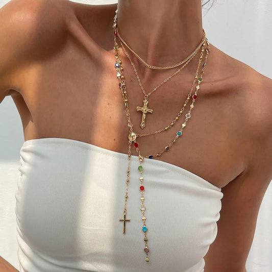 Luxury Rhinestone Cross Pendant Necklace - Vintage Colorful Crystal Y2K Long Y-Shaped Party Jewelry Set for Women