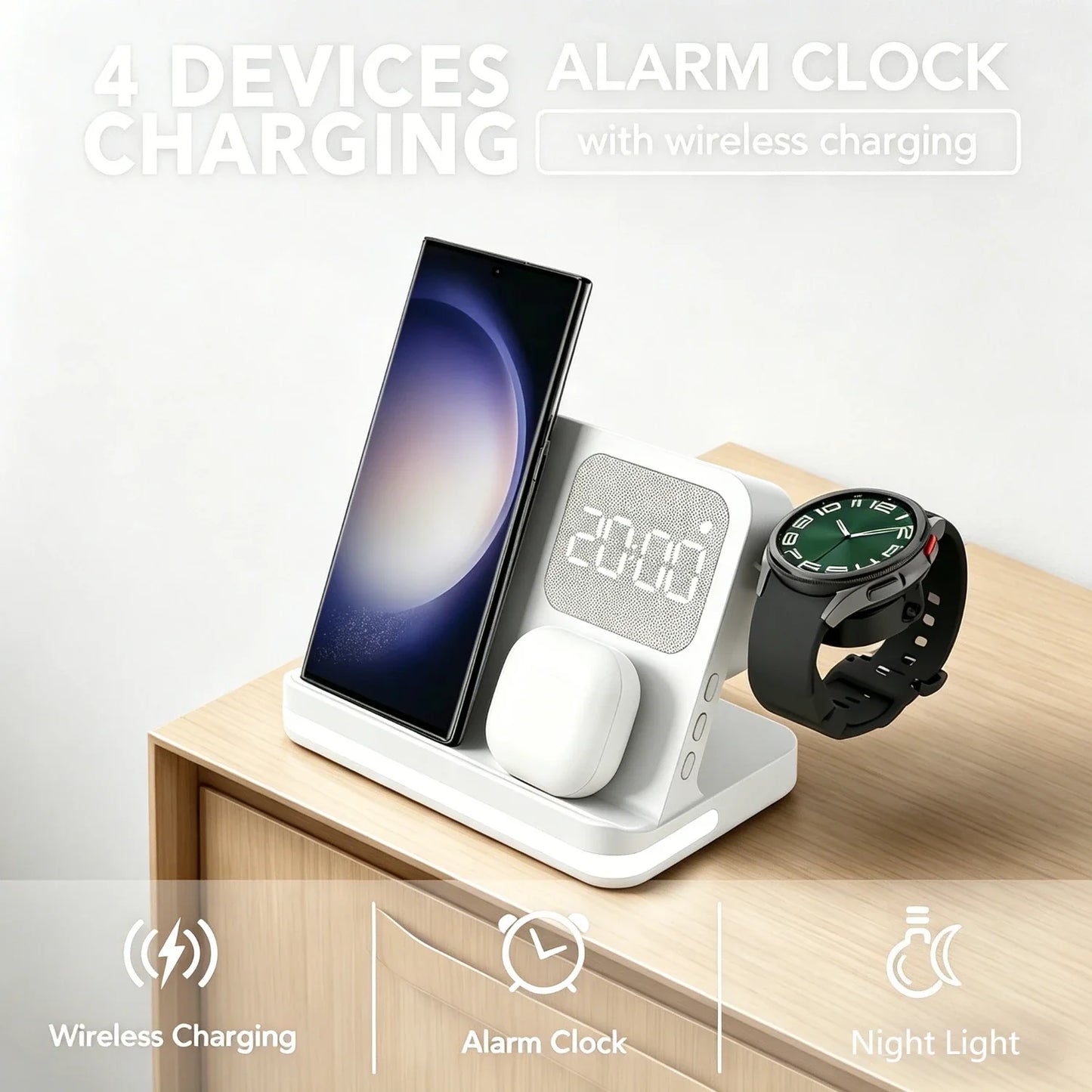 4-in-1 Wireless Charging Station - Alarm Clock Stand for Samsung Galaxy S26/S25, Galaxy Watch, Buds & Fast Charging Accessories
