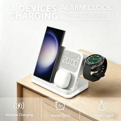 4-in-1 Wireless Charging Station - Alarm Clock Stand for Samsung Galaxy S26/S25, Galaxy Watch, Buds & Fast Charging Accessories