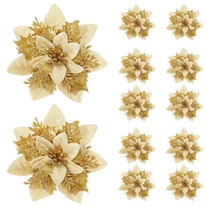 5/10PCS 14.5cm Christmas Flower Ornaments | Pink, Red, Gold Glitter Artificial Flowers for Tree & Home Xmas Decoration