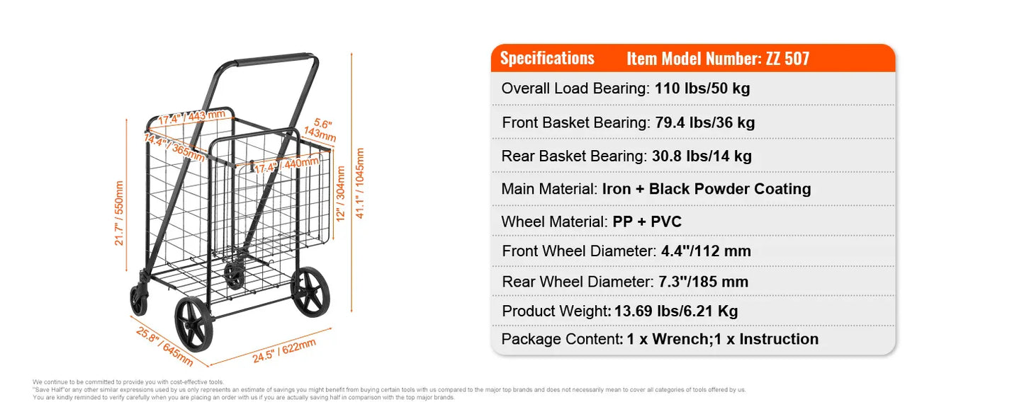 SucceBuy Folding Shopping Cart with Removable Waterproof Liner — Large Capacity 106/330LBS, 360° Swivel Wheels, Metal Mesh Base