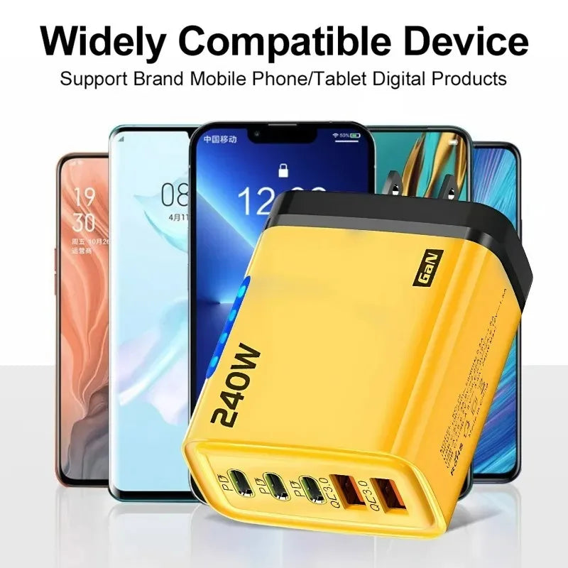 240W 5-in-1 GaN Fast Desktop Charger – USB-C Quick Charge 3.0 Adapter for iPhone Samsung Huawei