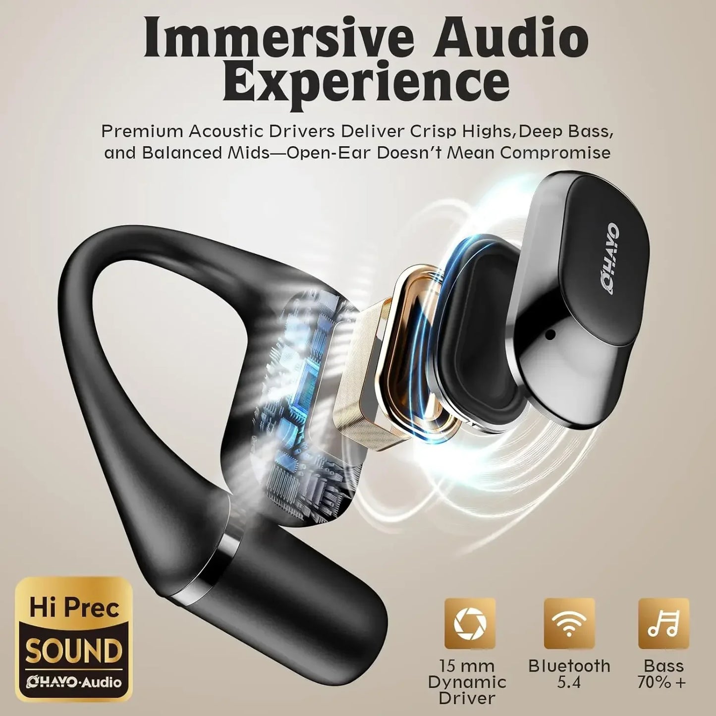Ohayo Open-Ear Earphones - Bluetooth 5.4 Air Conduction Wireless Sports Earbuds IPX6 Waterproof Headphones With Mic