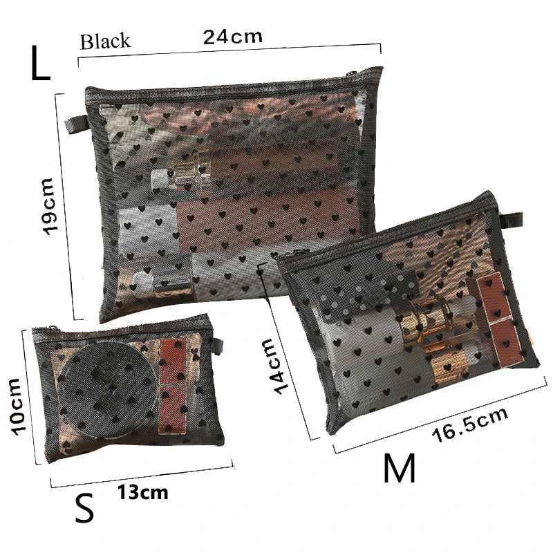 Transparent Mesh Zipper Cosmetic Bag – Fashionable Black Toiletry Organizer, Small & Large Makeup Pouch for Women