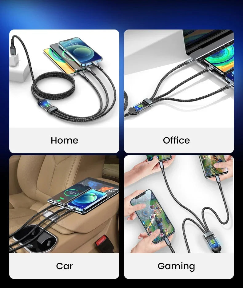 3-in-1 100W 6A Fast Charging Cable — USB to Type-C, Micro, Lightning for iPhone 13–16, Samsung, Xiaomi, Huawei