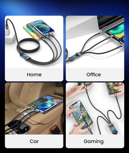 3-in-1 100W 6A Fast Charging Cable — USB to Type-C, Micro, Lightning for iPhone 13–16, Samsung, Xiaomi, Huawei