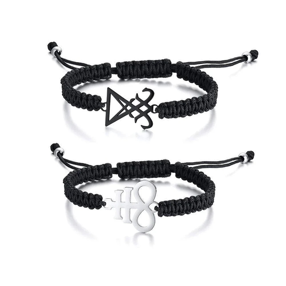 Leviathan Cross Woven Bracelet - Stainless Steel Satanic Style Totem Black Adjustable Knot Wrist Jewelry