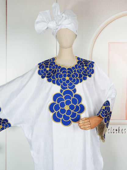 African Dresses for Women - Dashiki Embroidery Bazin Ankara White Gown Nigeria Wedding & Evening Party Dress