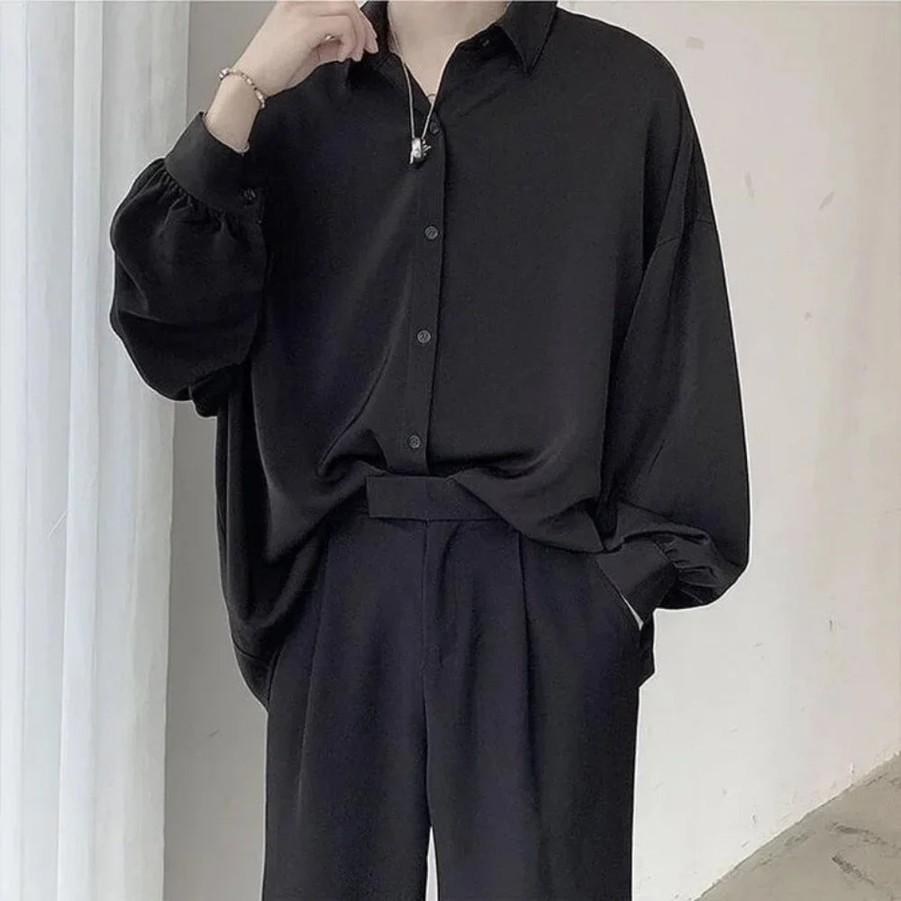 Men’s  Oversized Shirt - Loose Fit Long Sleeve Casual Black Tie Breathable Harajuku Top