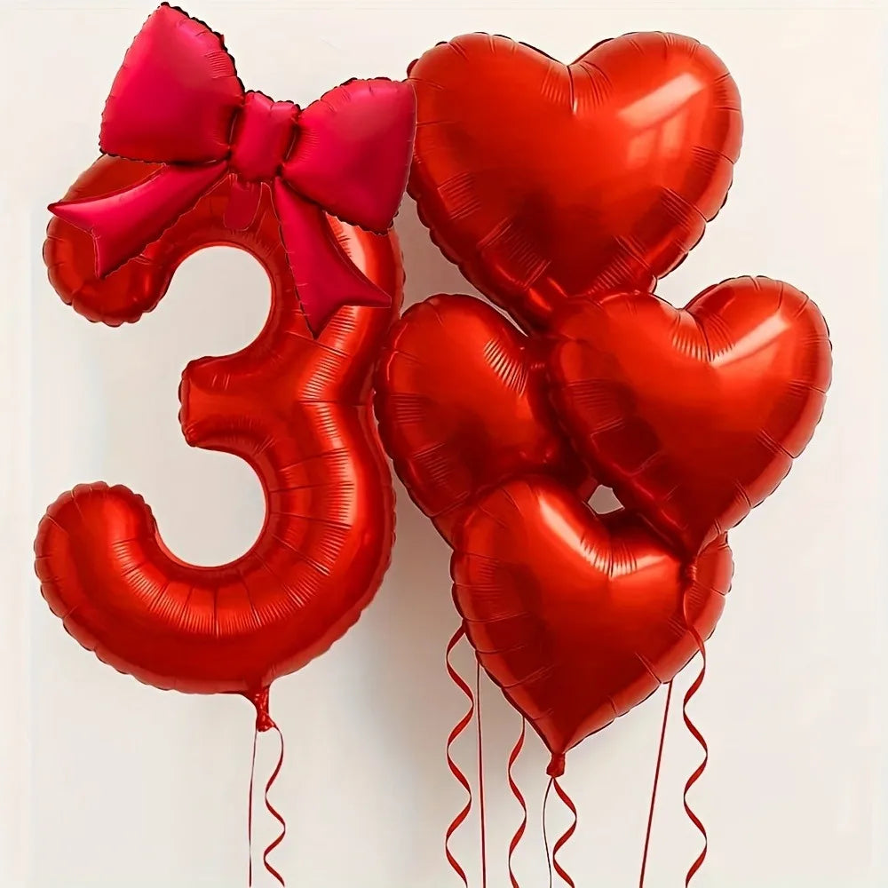 Red Heart Foil Balloons Set - 6PCS Birthday Wedding Anniversary Decoration with 32 Inch Numbers & Tassel Bows