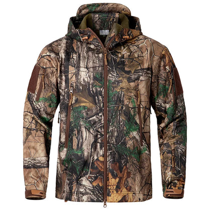 Men’s Camouflage Soft Shell Jacket - Waterproof Warm Fleece Tactical Hunting and Outdoor Hooded Coat