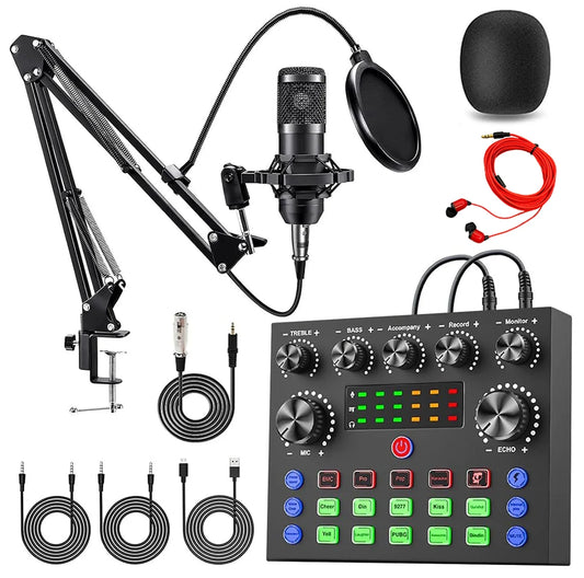 V8S Live Sound Card Podcast Kit - DJ Broadcast Audio Mixer with BM800 Microphone for Music Recording & Live Streaming