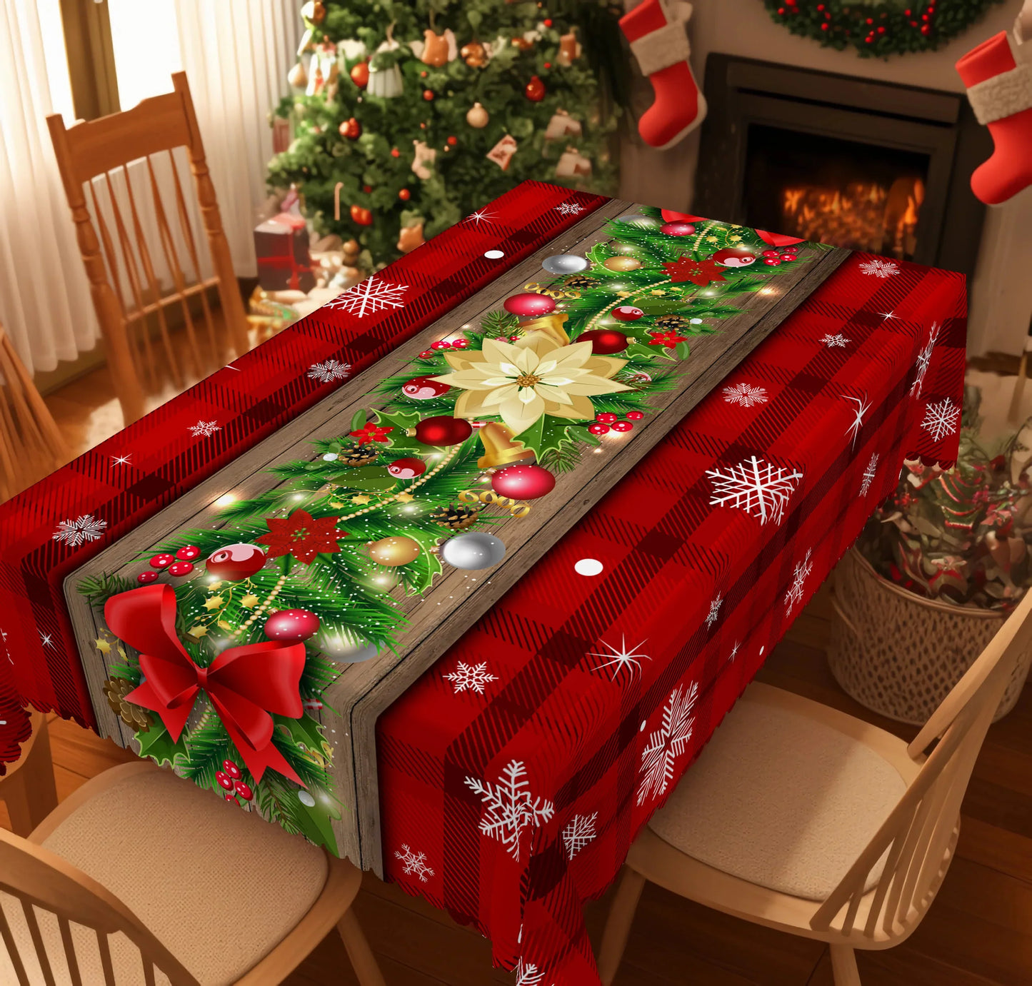 Christmas Printed Tablecloth - Holly Berry, Bow & Snowflake Holiday Dining Cover for Kitchen, Home & Terrace Decor