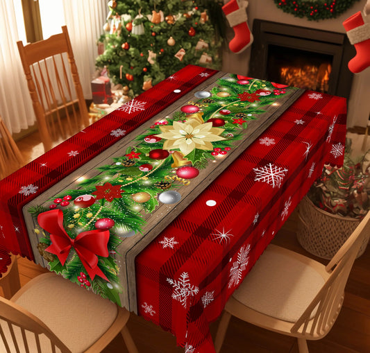Christmas Printed Tablecloth - Holly Berry, Bow & Snowflake Holiday Dining Cover for Kitchen, Home & Terrace Decor