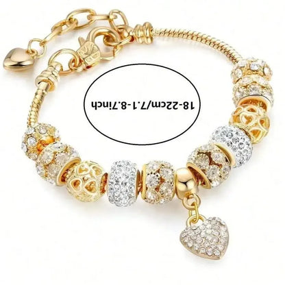 Obega Love Heart Flower Glass Pendant Bracelet – Classic Pink & White Crystal Stone, Adjustable Bead, Silver/Gold Color
