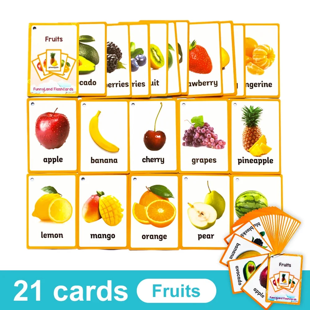 Kids English Vocabulary Flashcards - 26 Themes Fruits Animals Vehicles & Learning Activity Cards