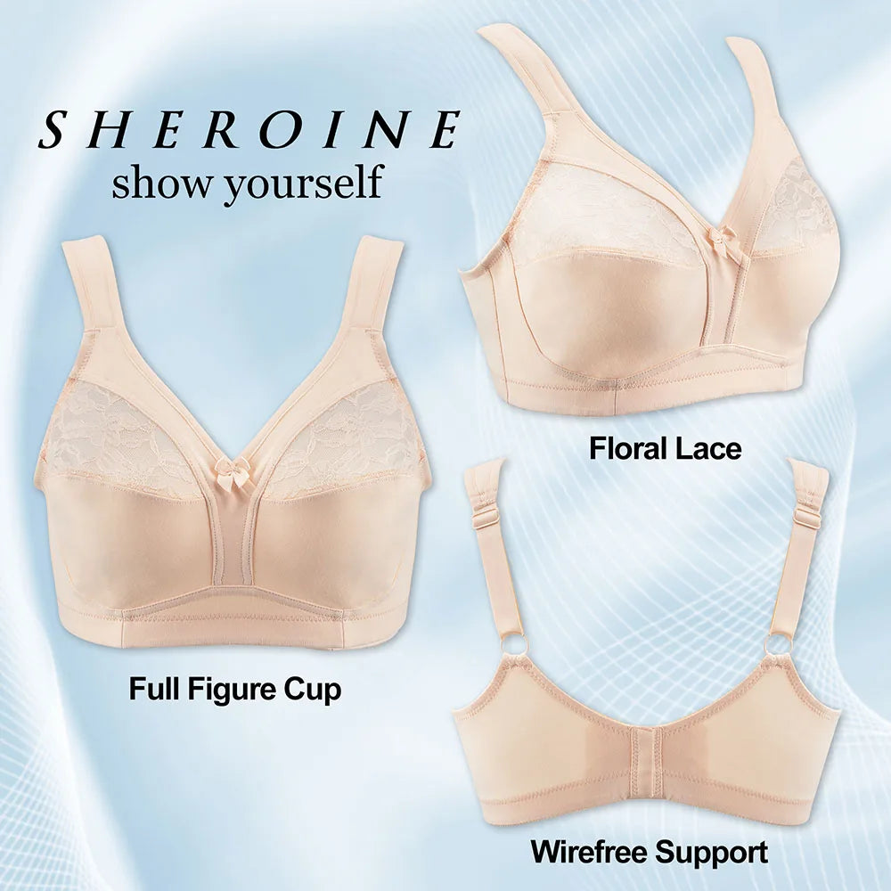 Sheroine Plus Size Wire-Free Bra - Soft Cotton Lace Floral Full Coverage Unpadded Everyday Support