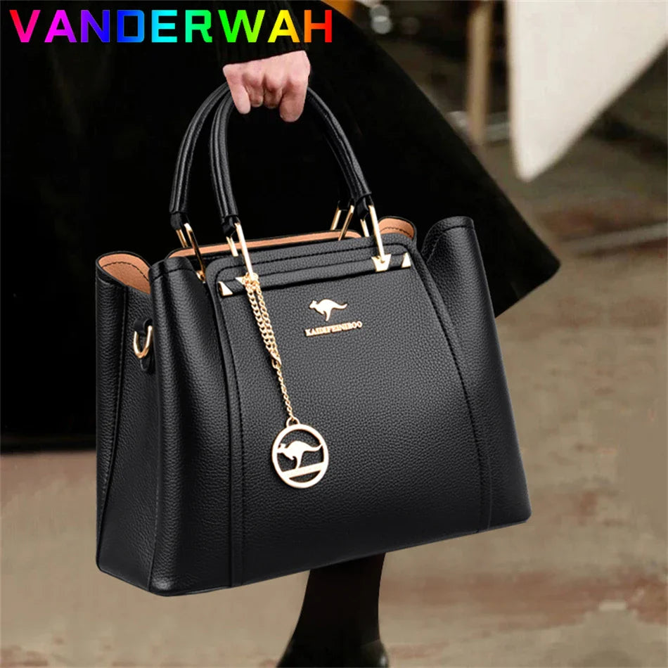Women’s Soft Leather Luxury Handbag – Designer 3-Layer Large Capacity Shoulder & Crossbody Tote Bag