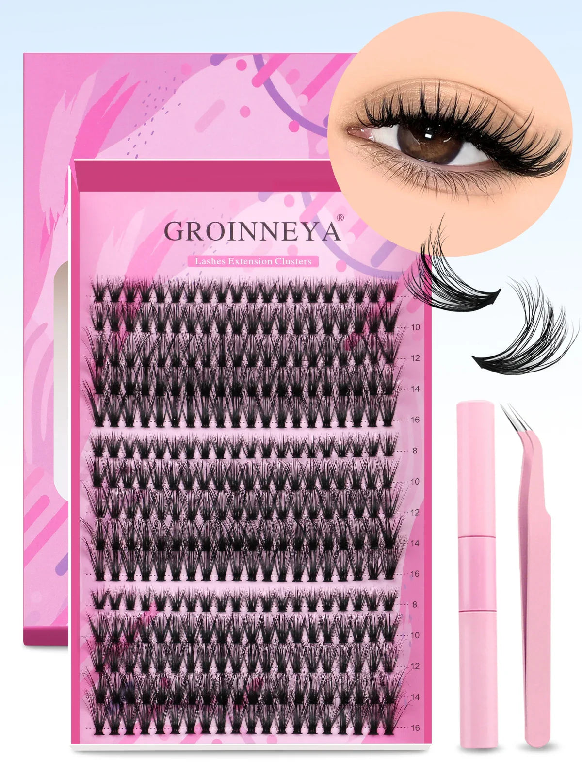 GROINNEYA DIY Lash Extension Kit – Individual & Cluster Lashes Full Set with Lash Bond and Seal for At-Home Use