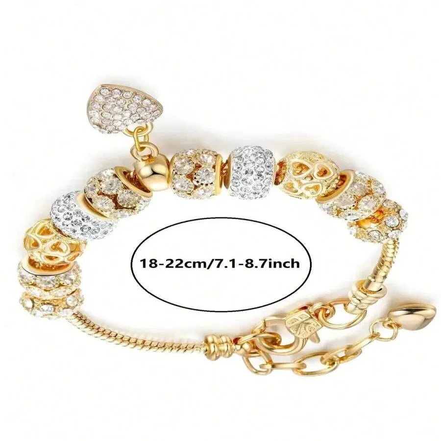 Obega Love Heart Flower Glass Pendant Charm Bracelet – Adjustable Pink & White Crystal Stone Bead Bracelet in Silver/Gold