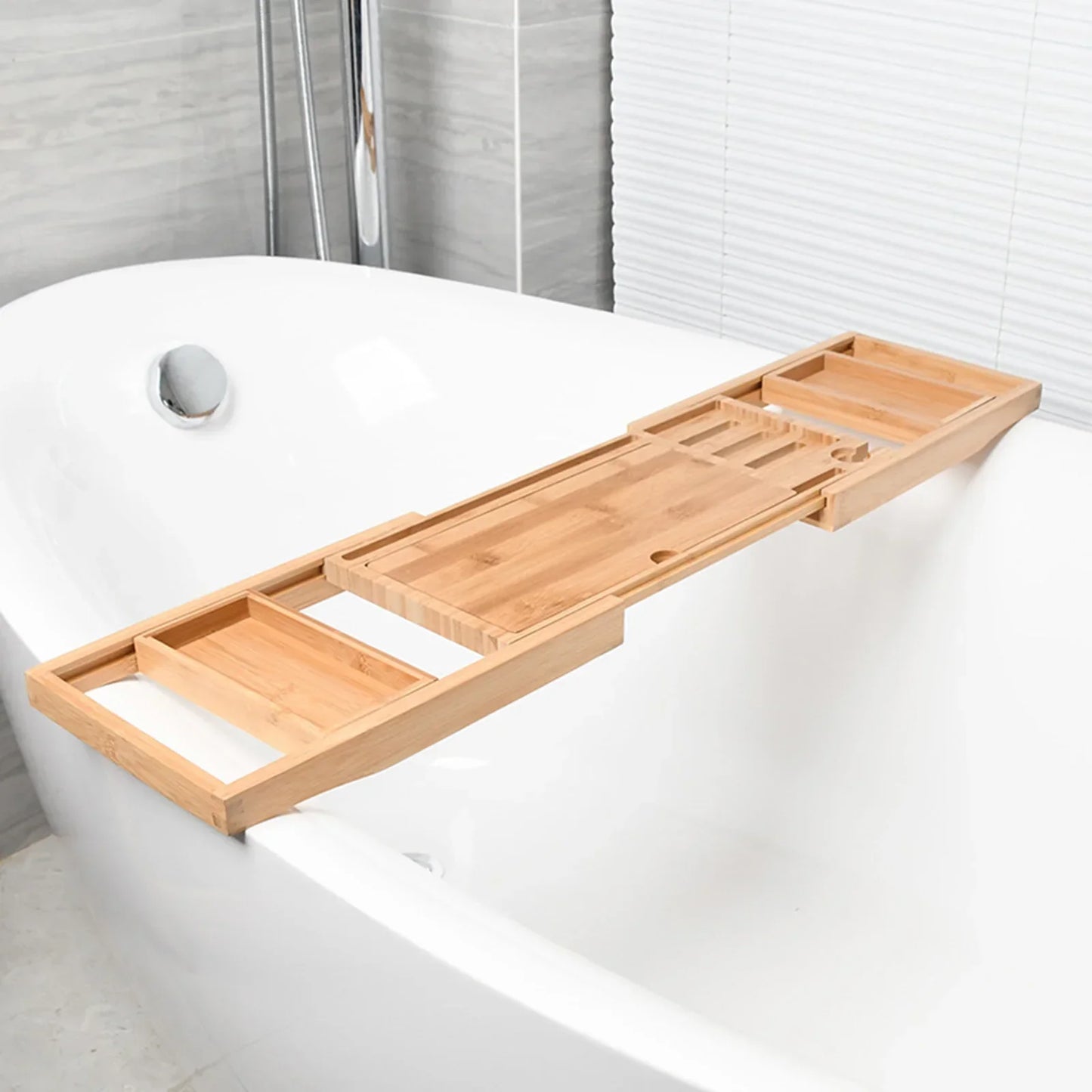 Expandable Luxury Wooden Bathtub Caddy Tray – Non-Slip Spa Organizer with Tablet & Soap Holder (23.62''-34.25'')