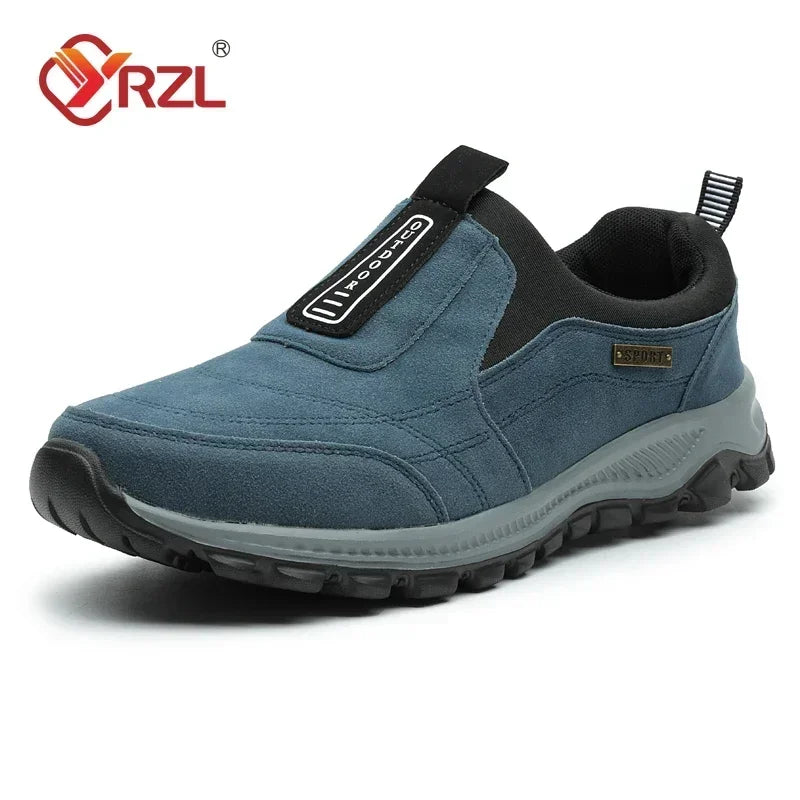 YRZL Men’s Hiking Sneakers - Breathable Suede Leather Slip-On Shoes with Anti-Skid Outdoor Walking Comfort